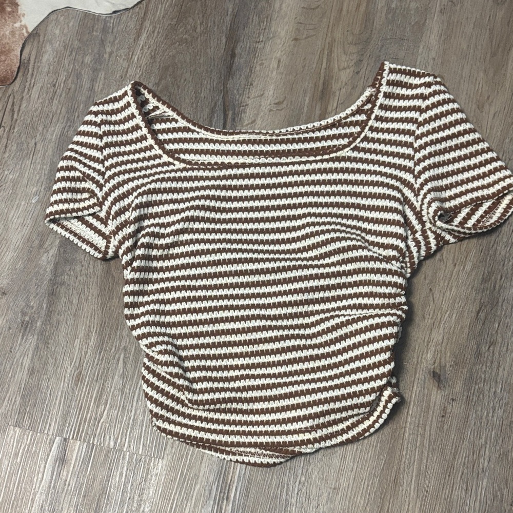 SHEIN Brown and White Striped Short Sleeve Top